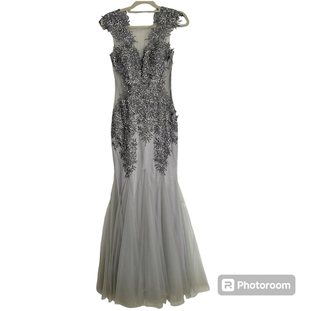 Elegant Silver Embellished Evening Dress